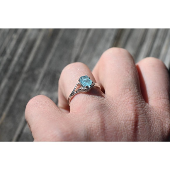 Raw Aquamarine Engagement Ring Timeless Diamond Wedding Band Contemporary - Picture 4 of 5